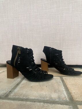 G by Guess Black Suede Braided Strappy Block Heel Sandals